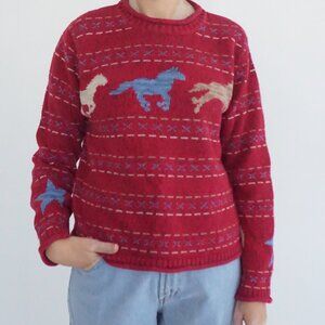 Christopher Banks Red Running Horse Western Ranch Animal Knit Sweater M
